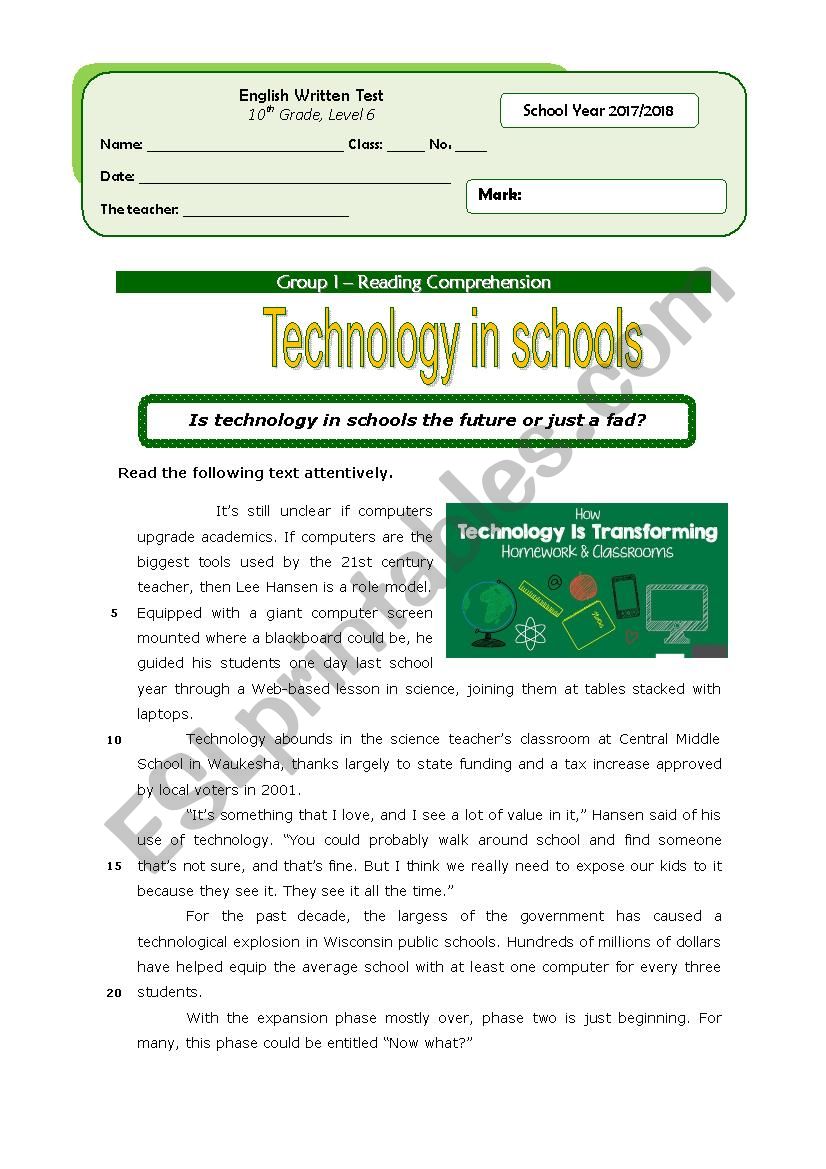 Written test on the use of technology in schools