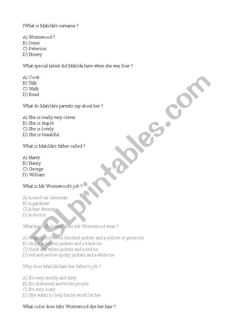 matilda chapters 1,2,3 quiz worksheet