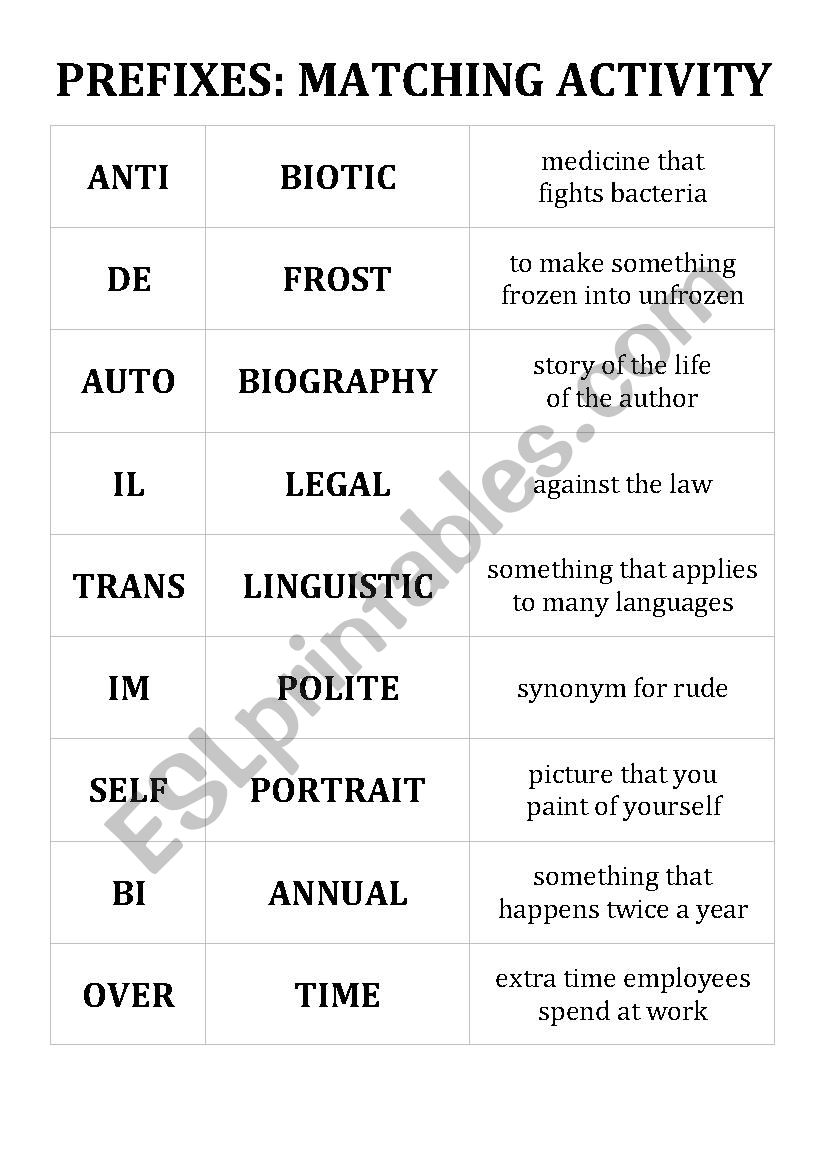 Prefixes matching activity worksheet