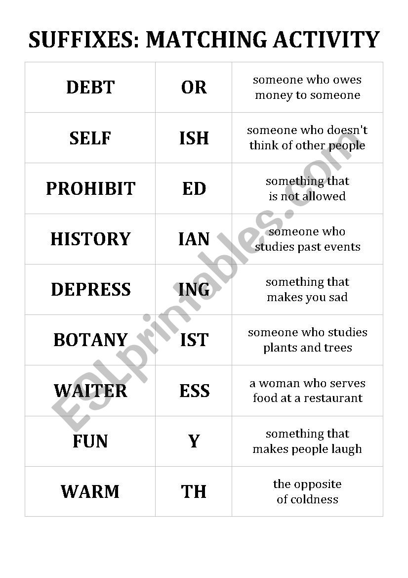 Suffixes - matching activity worksheet