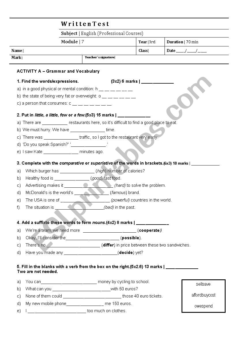 Fast Food in America Test worksheet