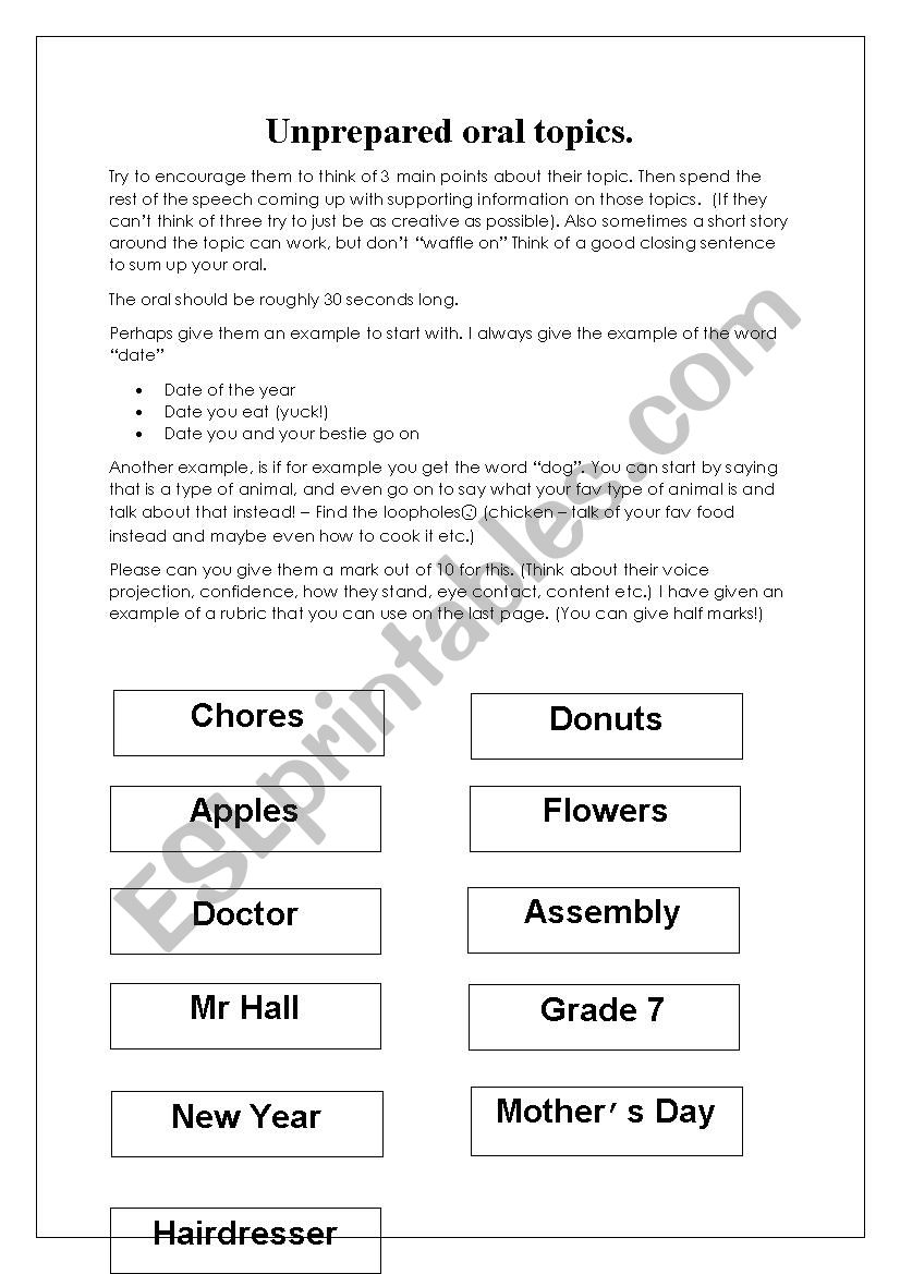 Unprepared oral topics worksheet