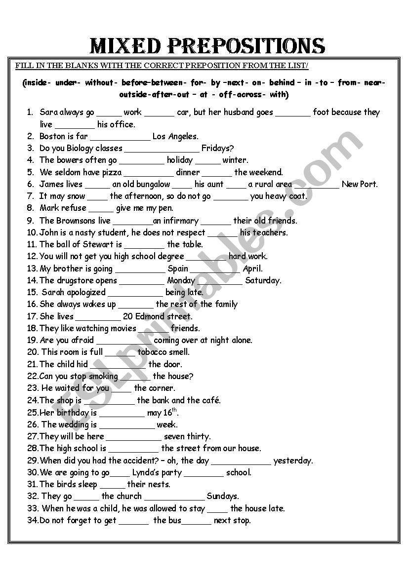 Mixed prepositions: English ESL worksheets pdf & doc