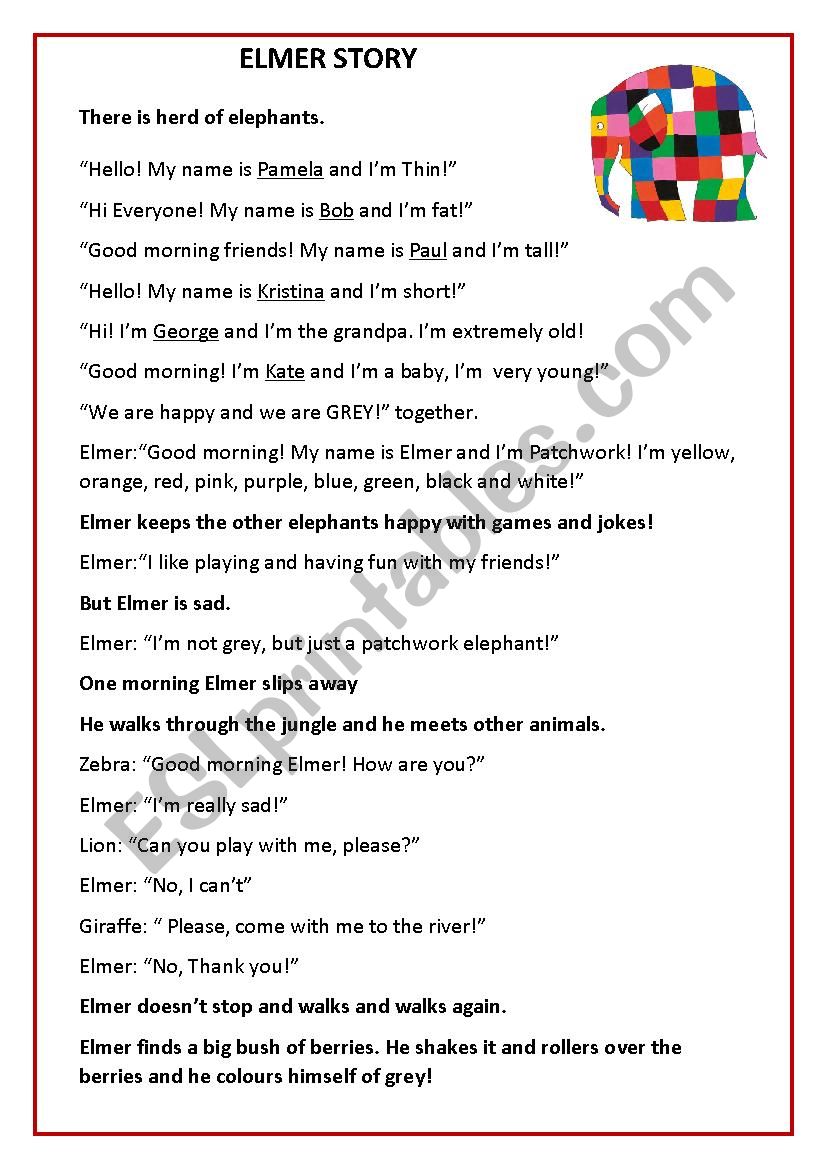 Elmer story script worksheet