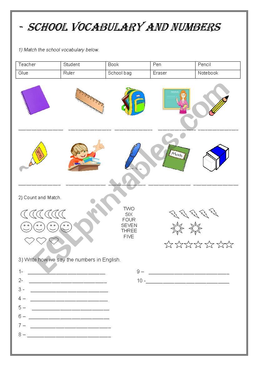 School Vocabulary and Numbers worksheet