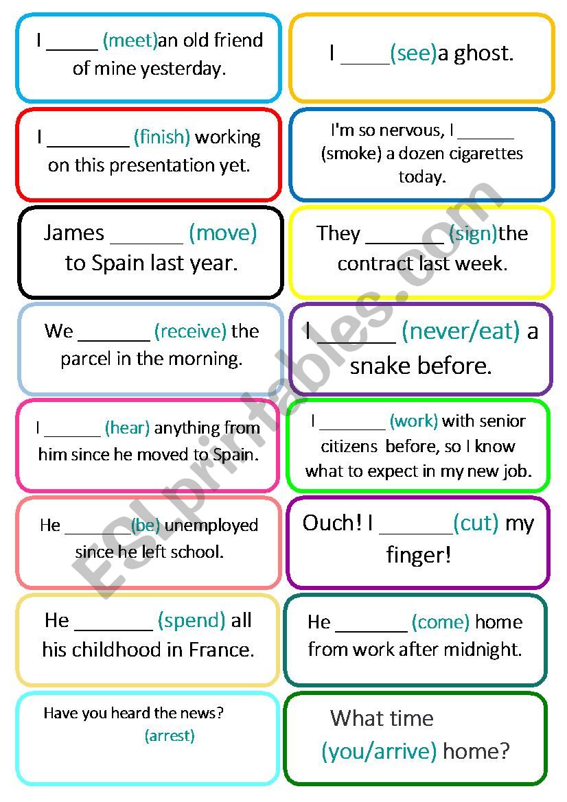Present Perfect vs. Past Simple speaking cards