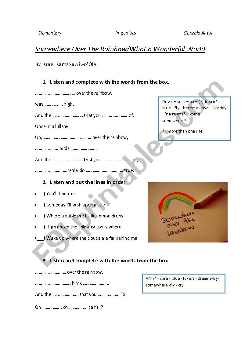 Somewhere over the rainbow worksheet