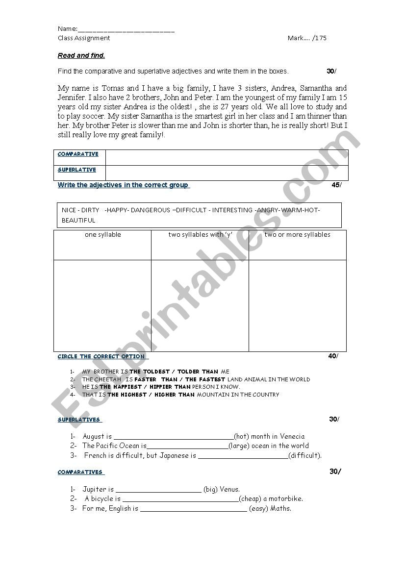 Comparative and Superlative worksheet