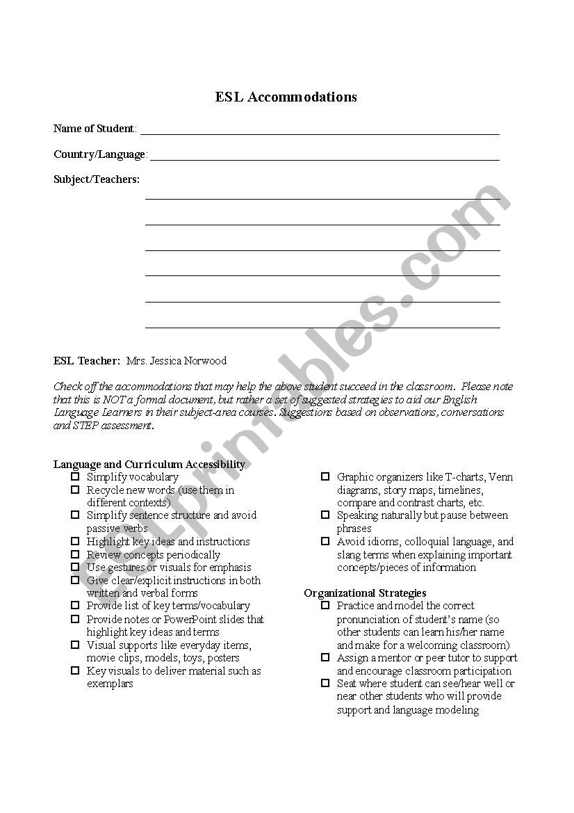 ESL Student Accommodation Form