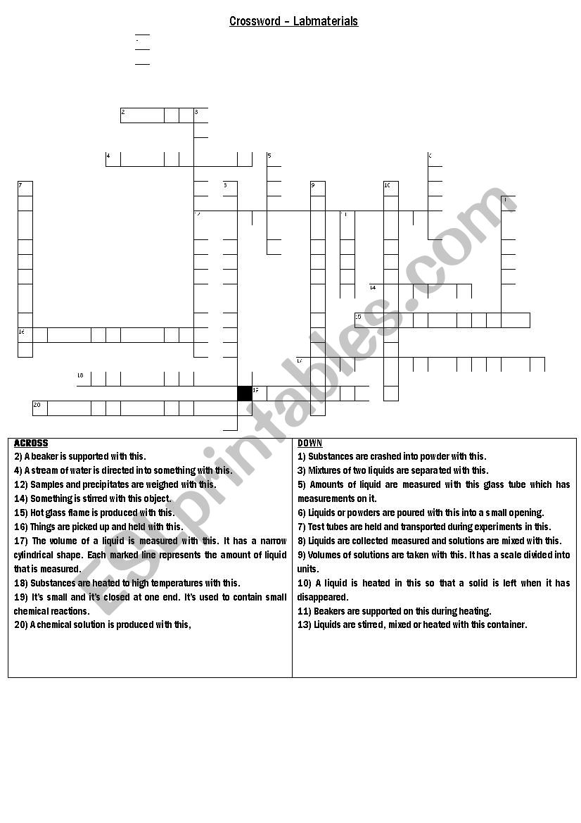 Lab equipment - crossword worksheet