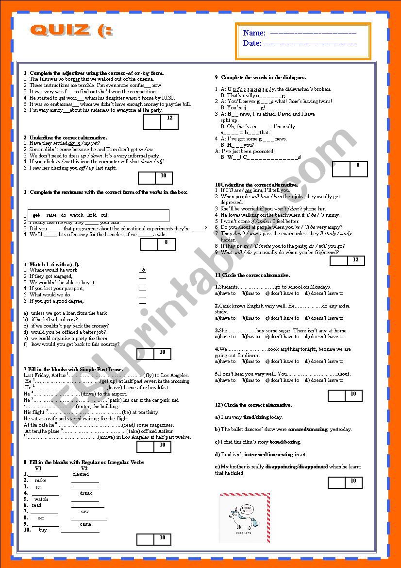 QUIZ FOR HIGH SCHOOL STUDENTS ( ALSO FOR ADULTS) 12 SECTIONS JUST ONE PAGE 