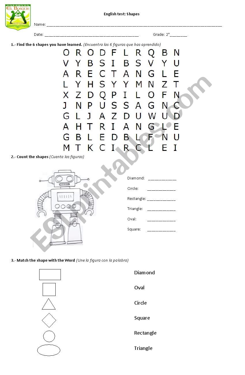 Shapes test worksheet