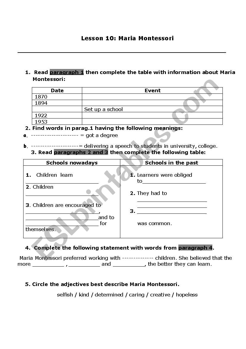 Maria Montessori worksheet
