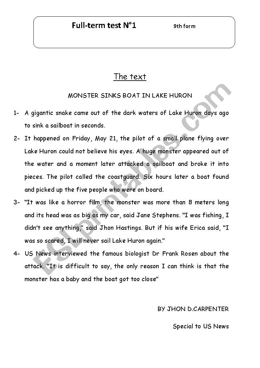 full term test NÂ° 1 9th form worksheet