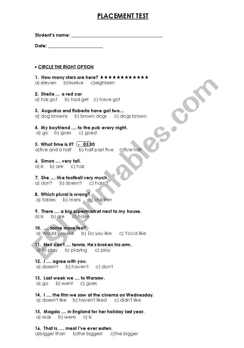 Placement test (begginers, elementary, pre-intermediate, intermediate)