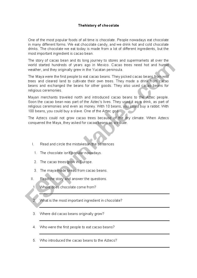 history of chocolate worksheet