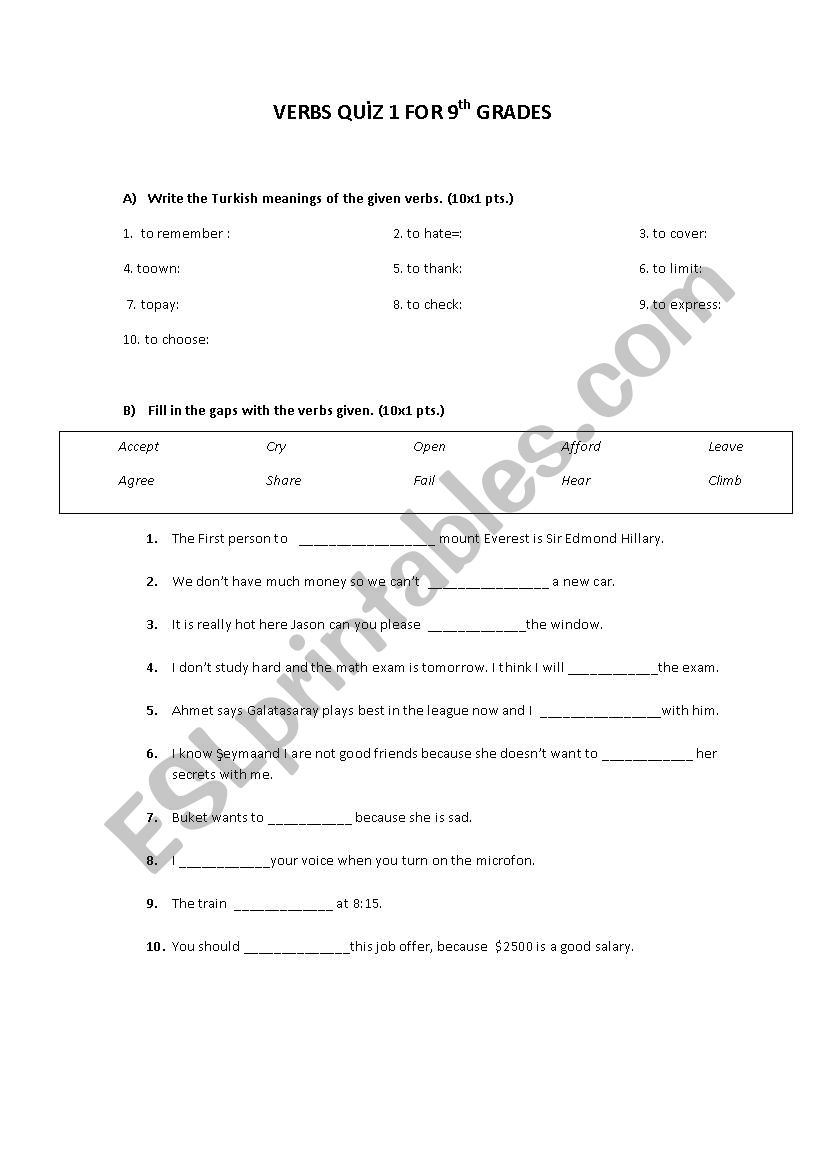 Verbs quiz worksheet