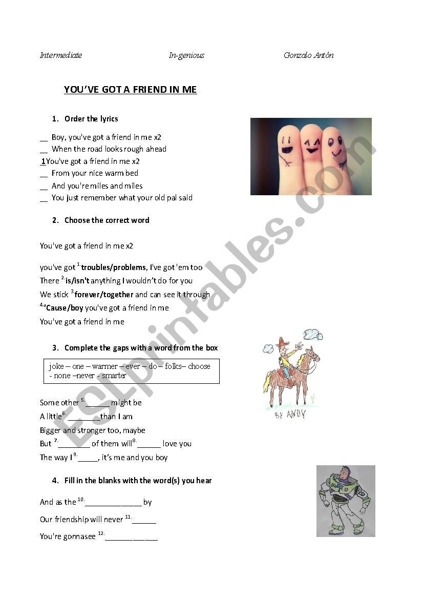 YouÂ´ve got a friend in me worksheet