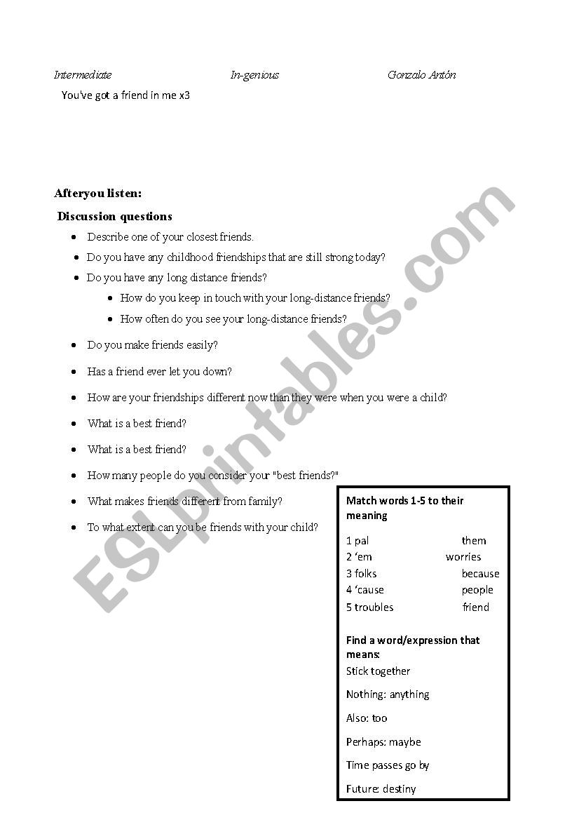 You Ve Got A Friend In Me Esl Worksheet By Coto5 You Ve Got A Friend In Me Esl Worksheet By Coto5