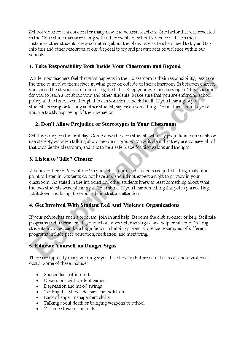 school violence worksheet