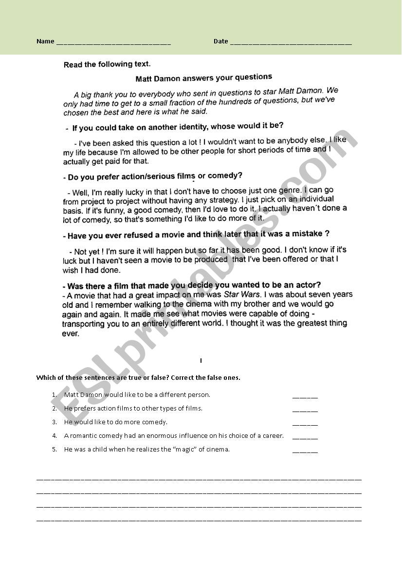 Films worksheet