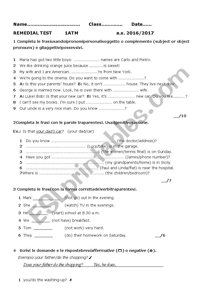 remidial test worksheet