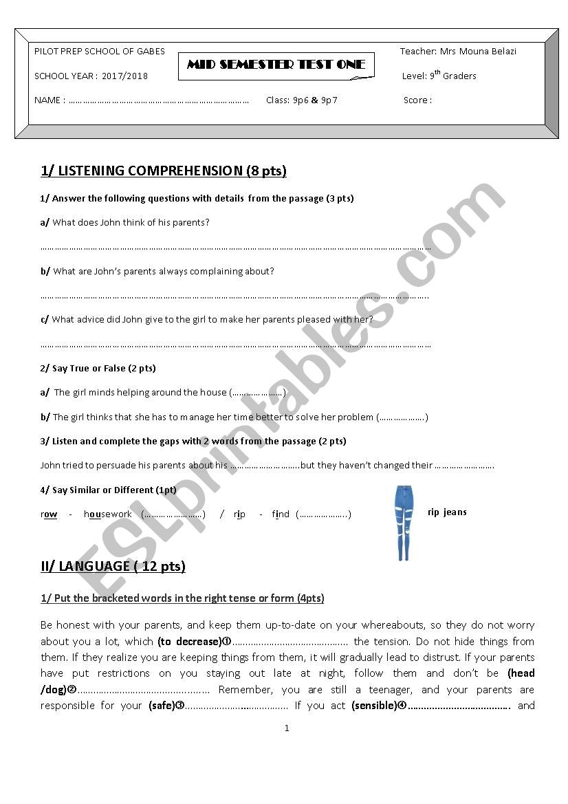 mid semester test 1 9th form pilot school