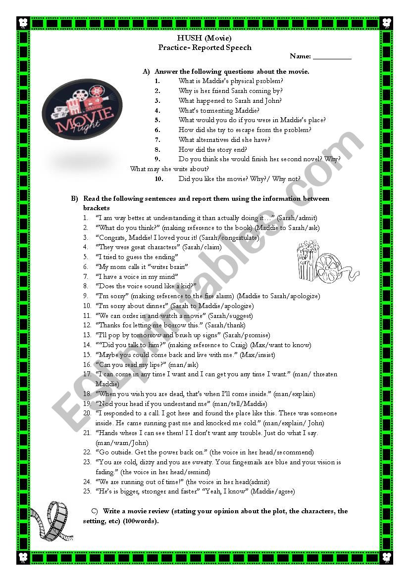 HUSH Movie Worksheet worksheet