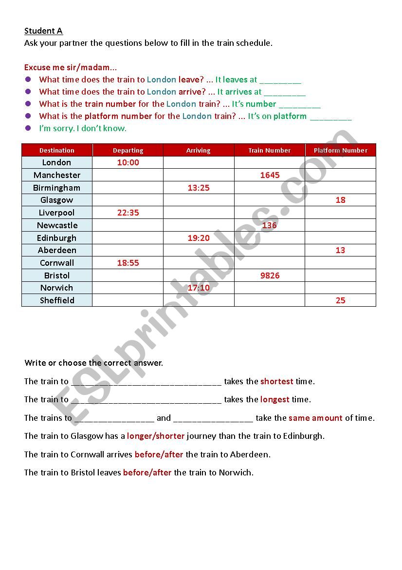 Asking for information - Train Times communication activity with comparatives