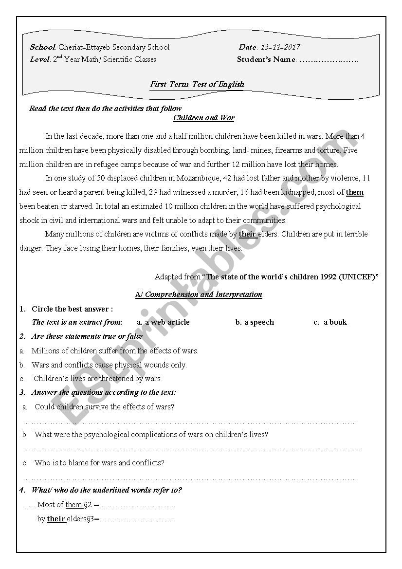 children and war  worksheet