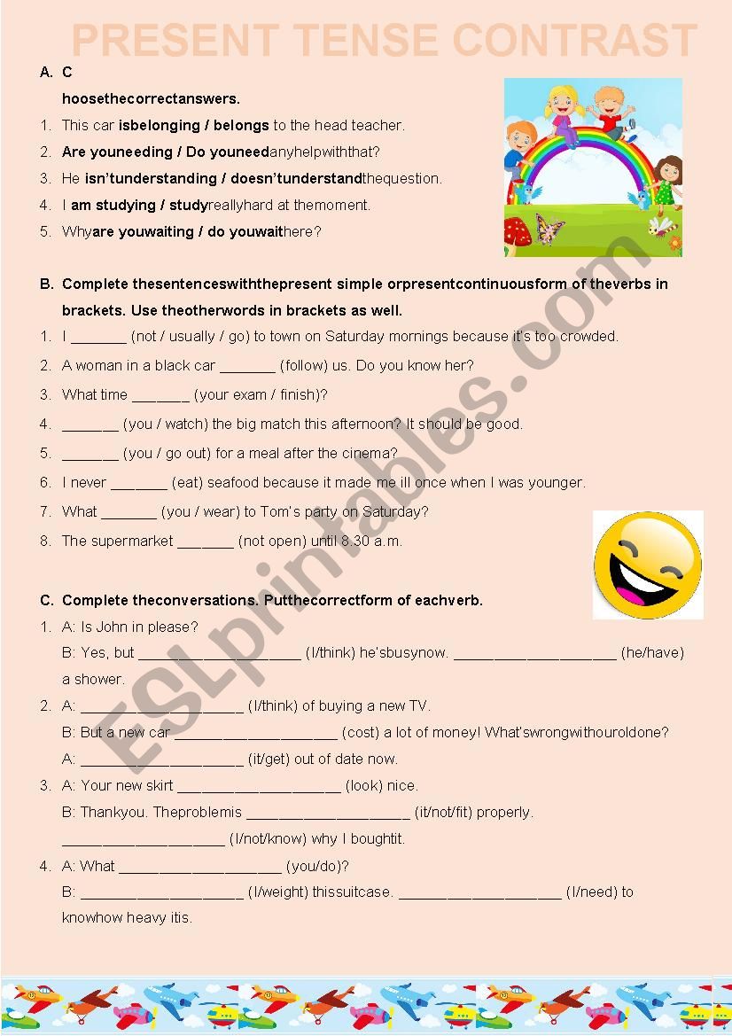 Present Tense contrast + key worksheet