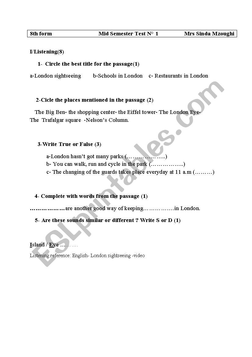 Mid Semester Test NÂ°1 worksheet