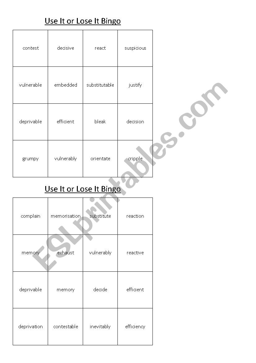 Use it or Lose it Bingo worksheet