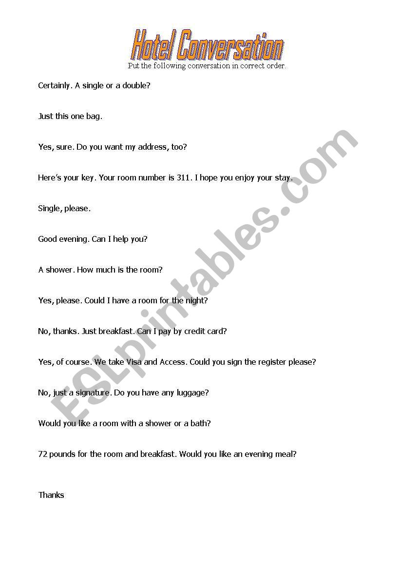 Hotel conversation worksheet