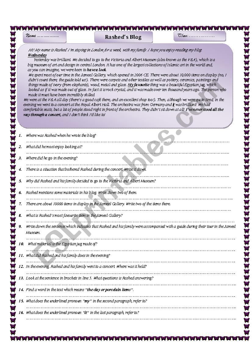 personal blog worksheet