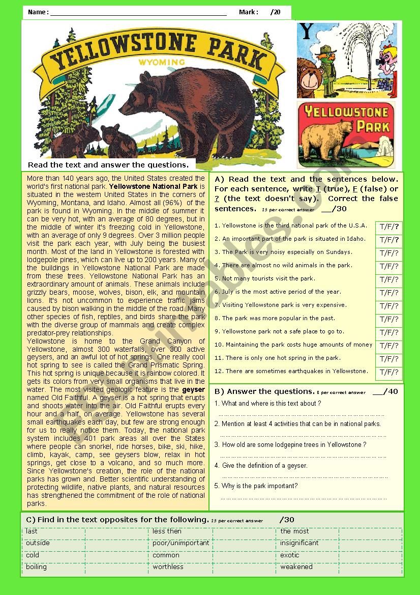 Yellowstone Park - Reading Comprehension + KEY