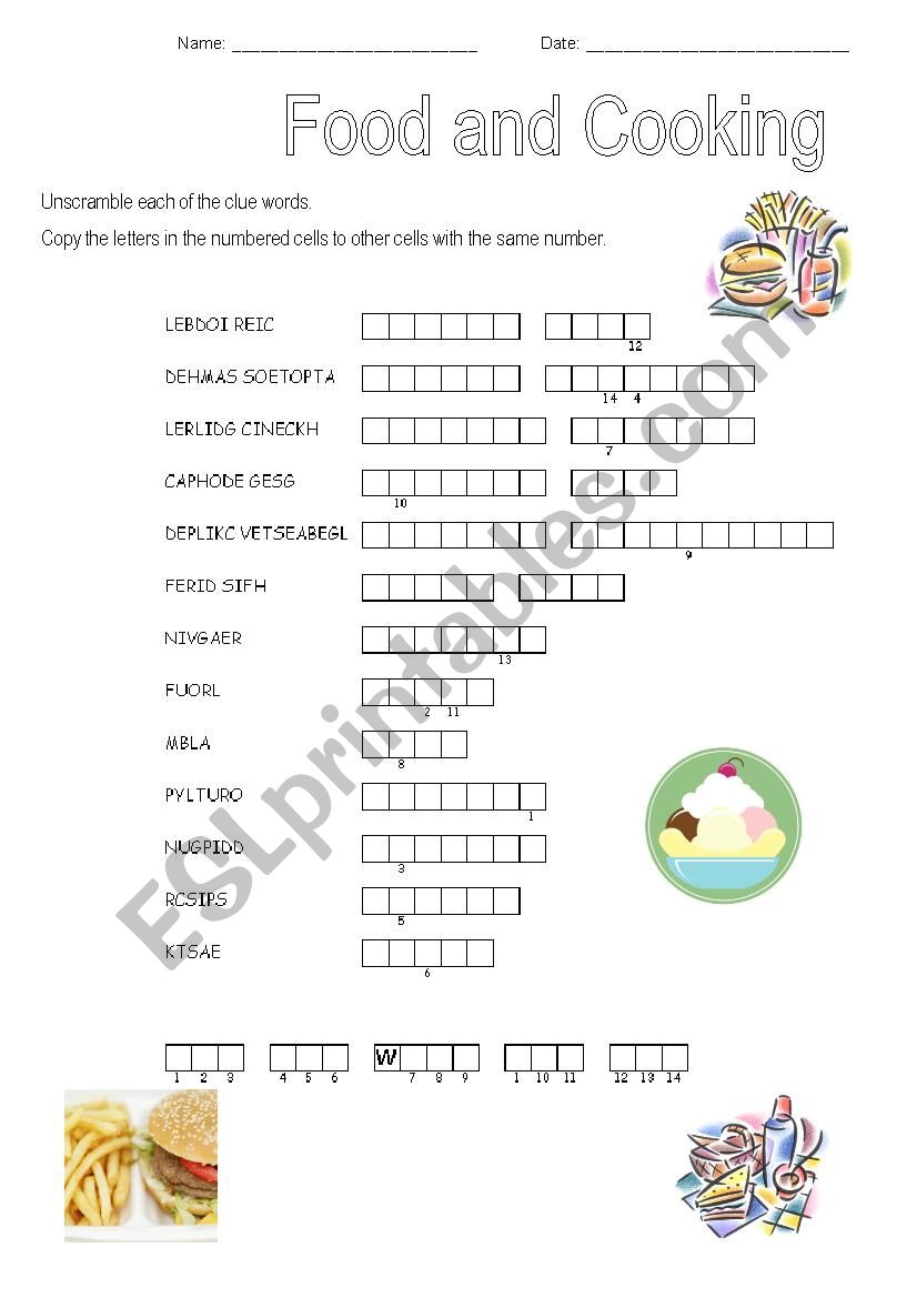 Food and cooking worksheet