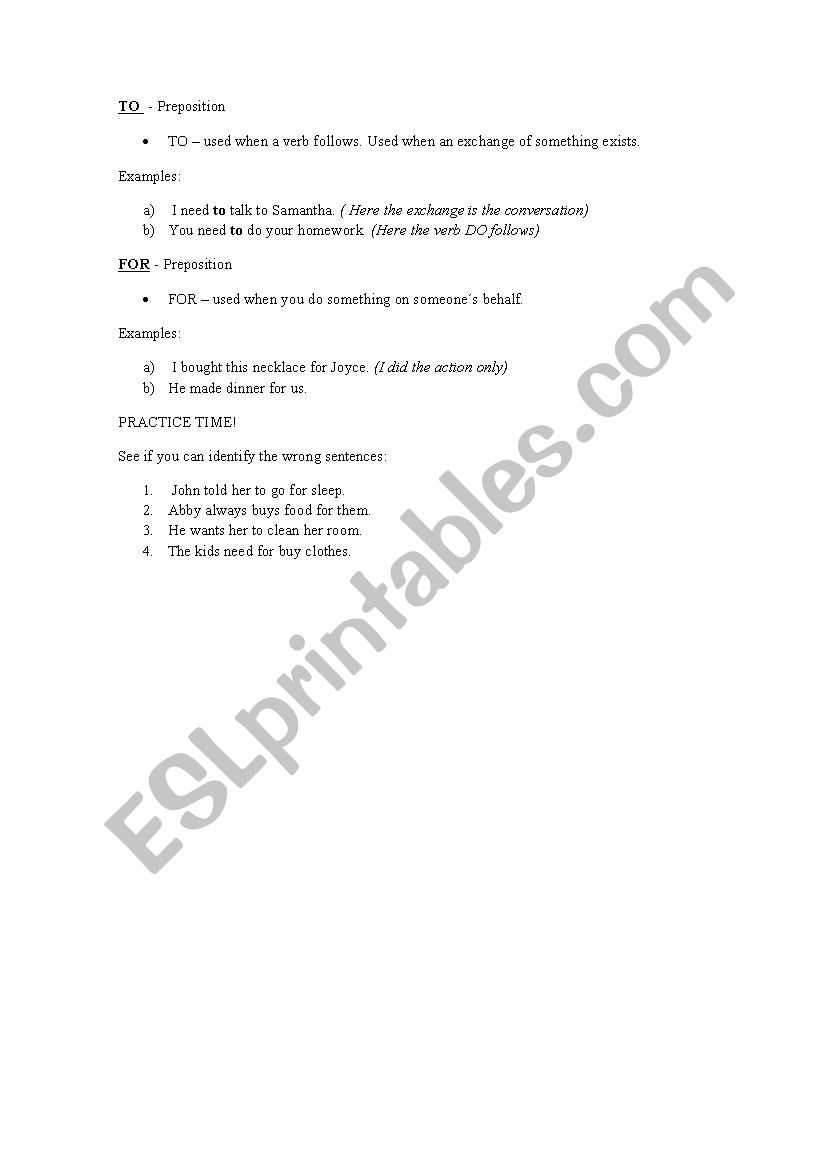 TO vs FOR worksheet