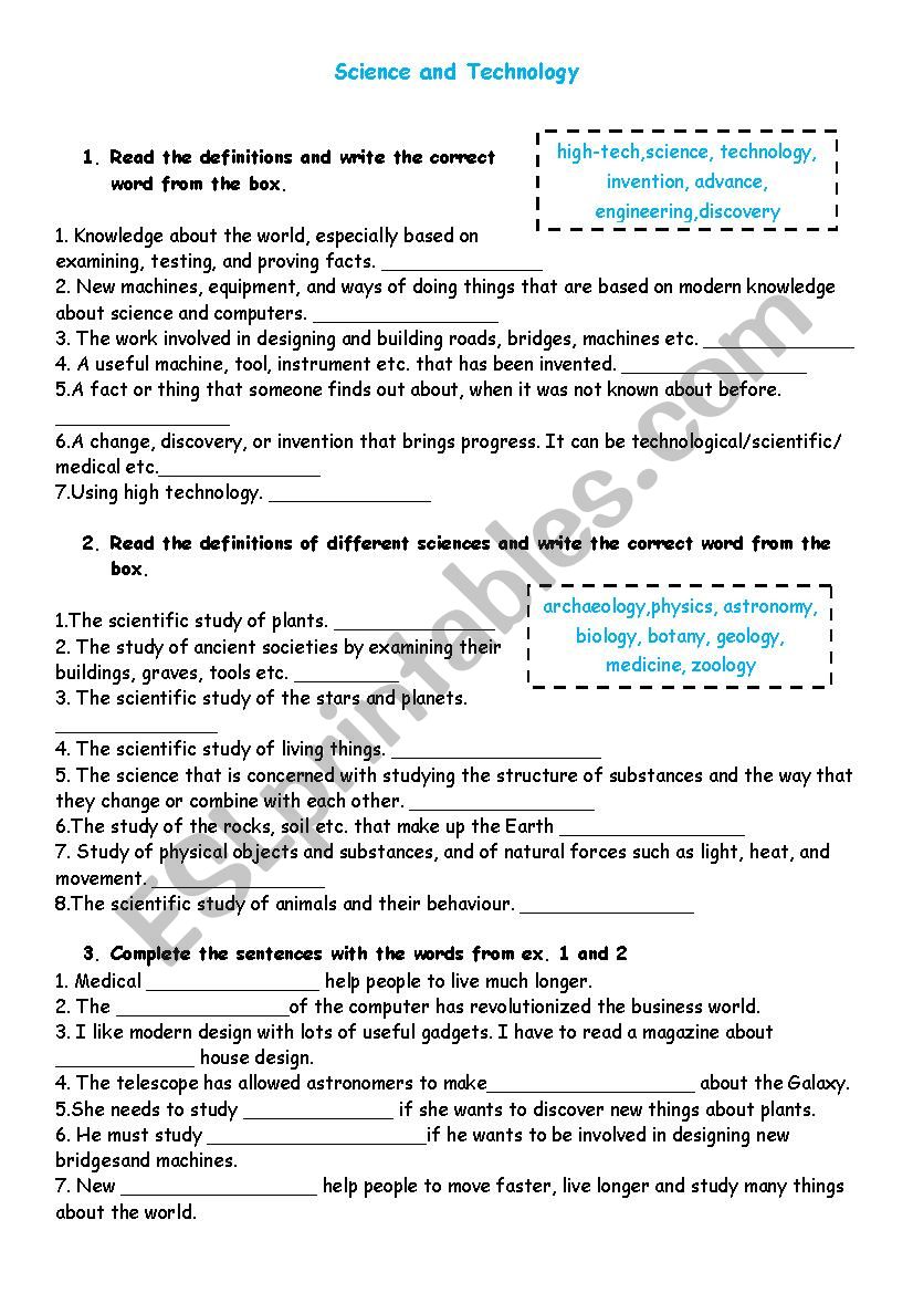 Science and Discoveries worksheet