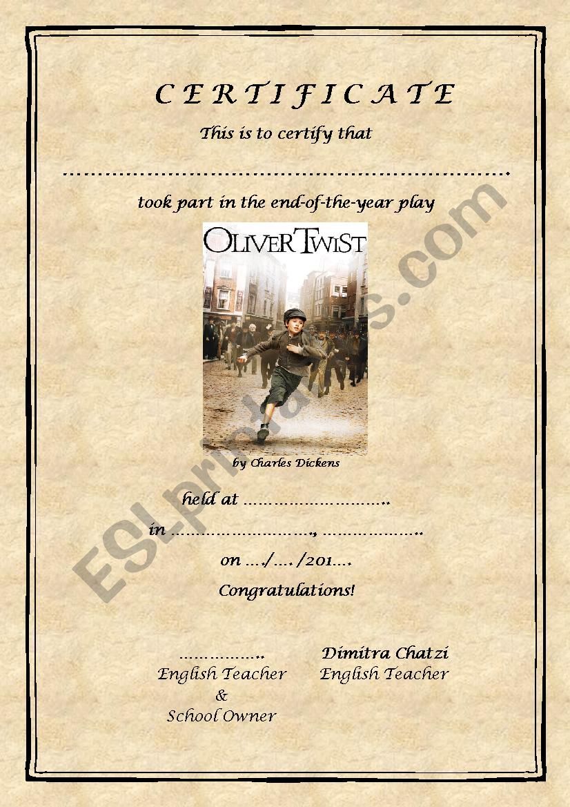 OLIVER TWIST_CERTIFICATE worksheet