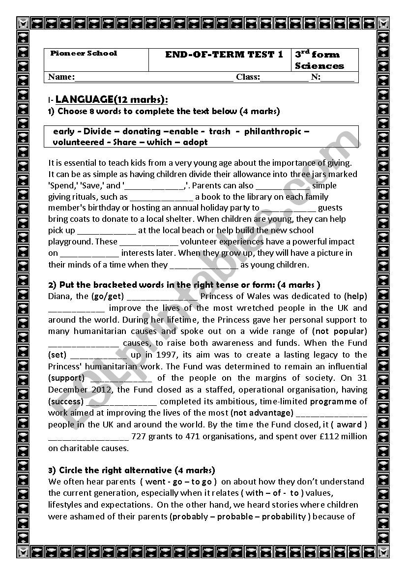 mid-semester test 1 3rd form worksheet