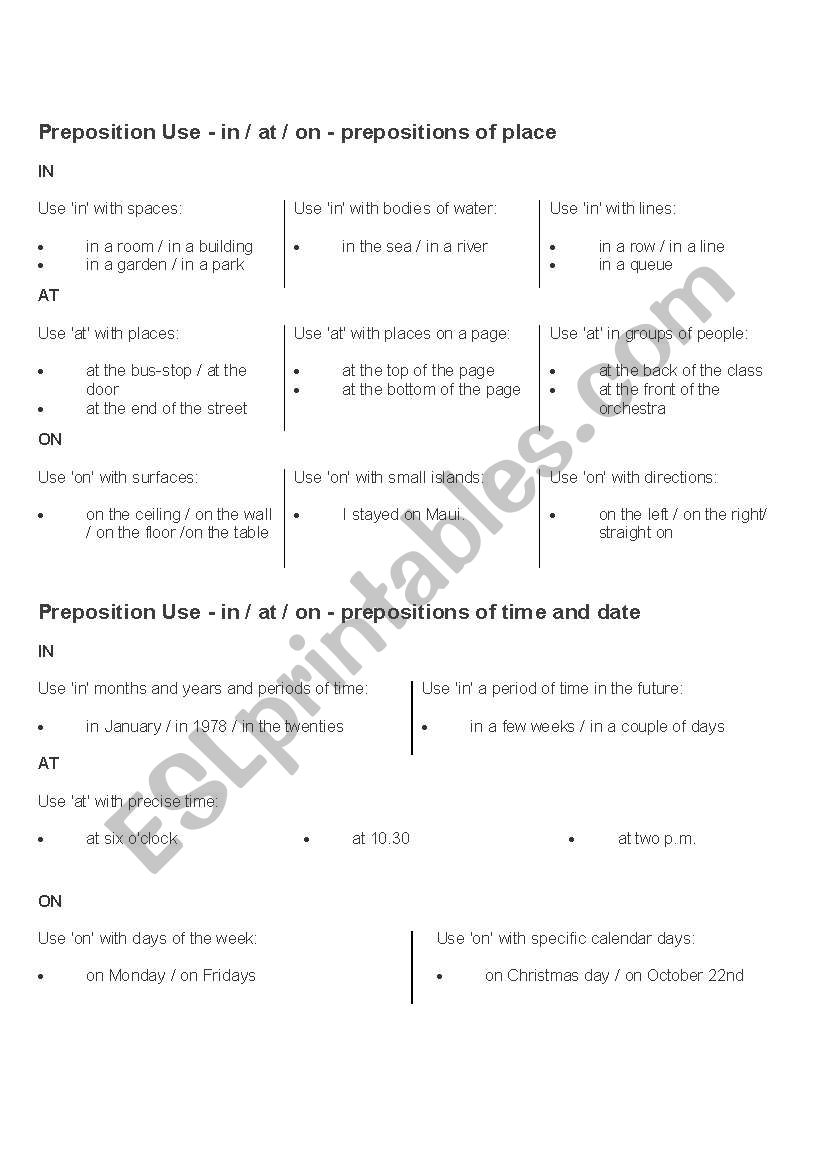 IN, AT and ON Prepositions of Place and Time