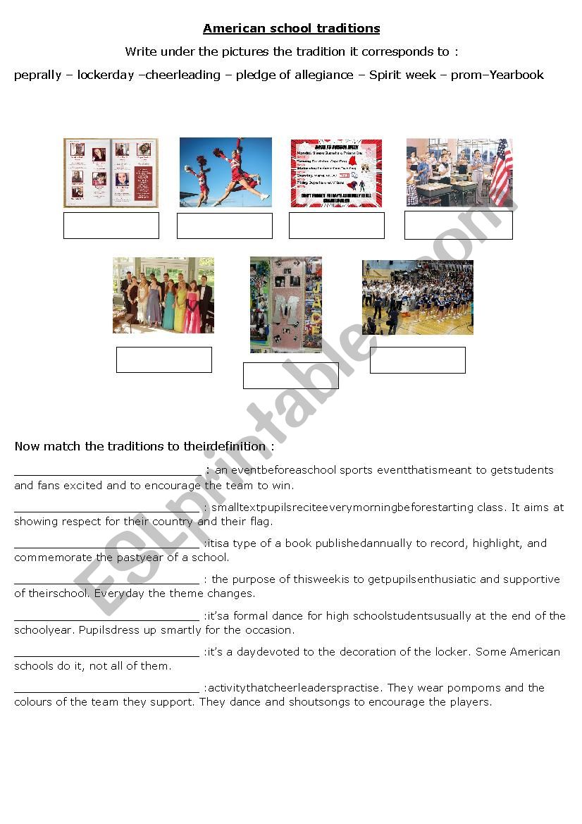 American school traditions worksheet