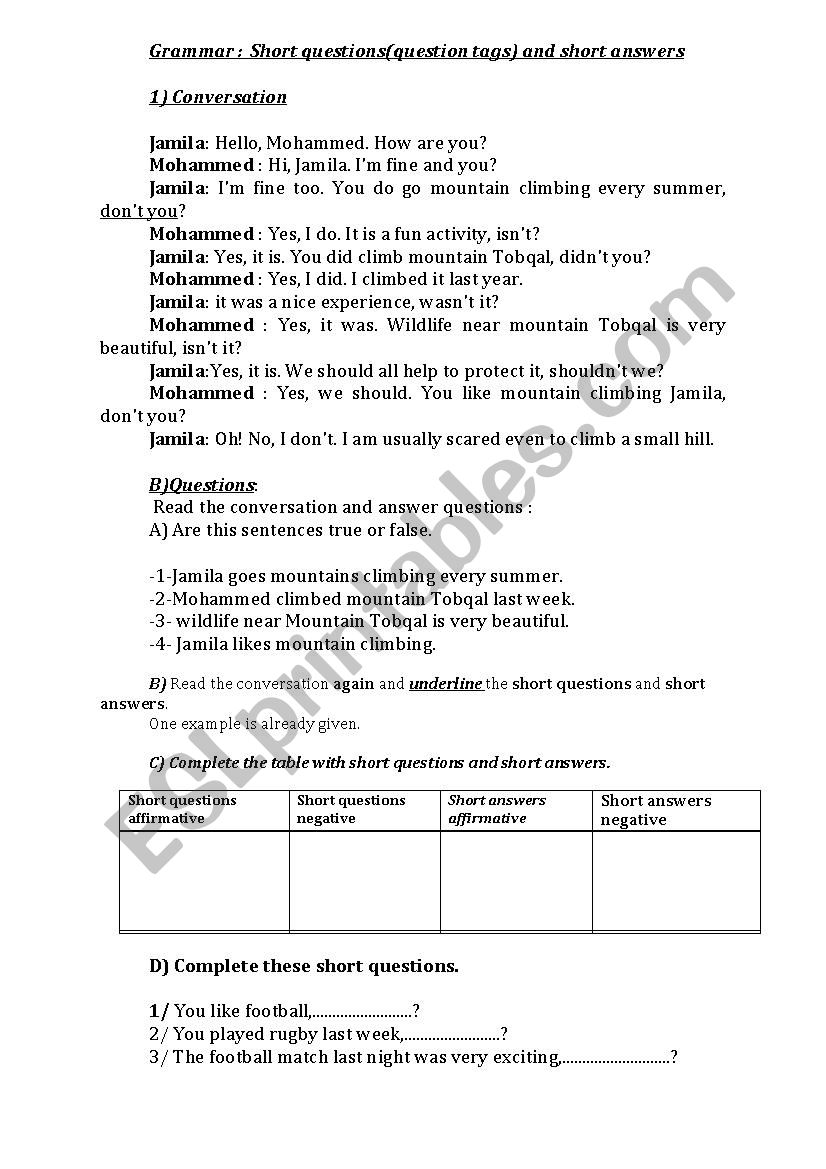 QUESTION TAGS worksheet