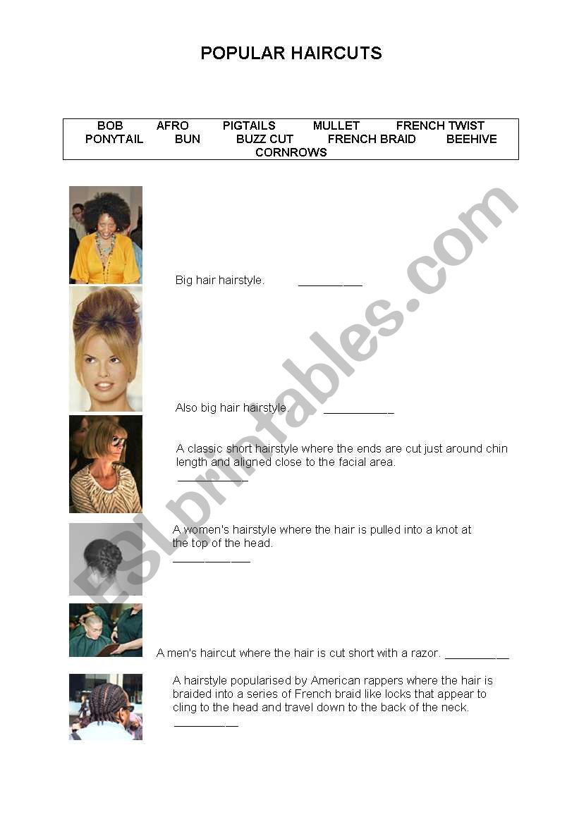 Popular haircuts worksheet