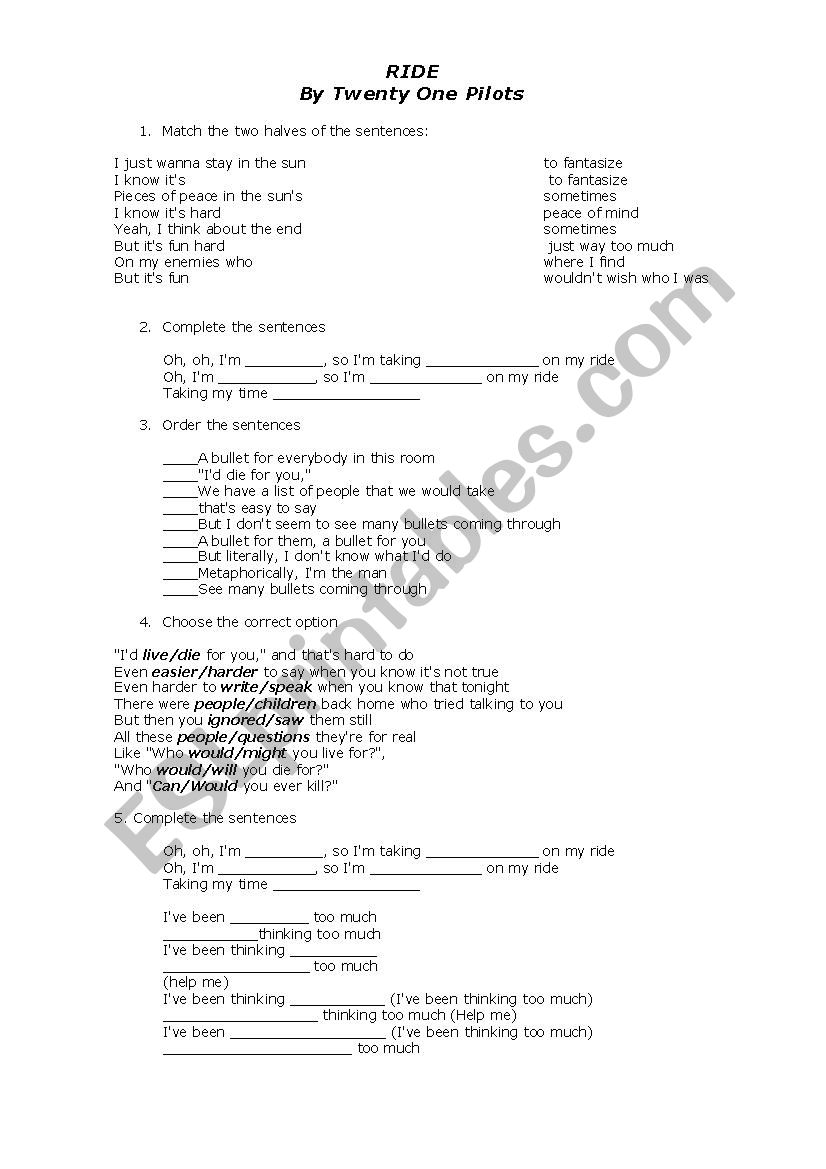 RIDE - Twenty One Pilots SONG worksheet