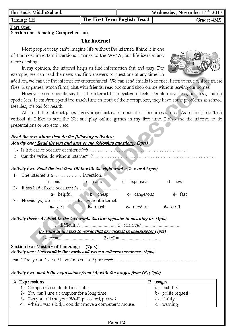 Internet Addiction 4MS  worksheet