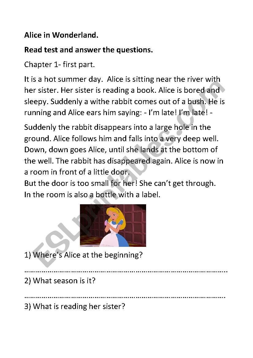 Alice in Wonderland - comprehension questions- chapter 1 - part 1