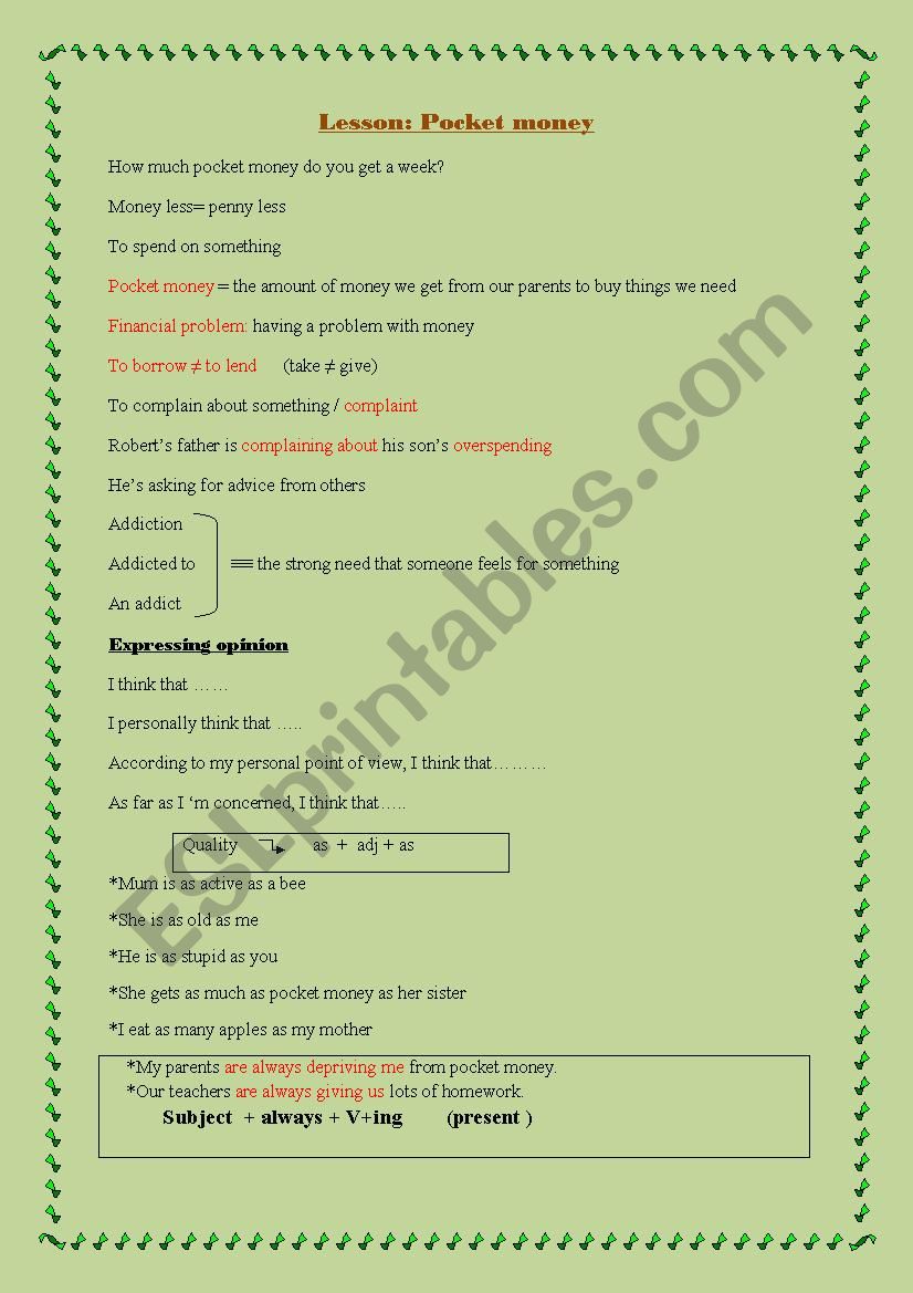 POCKET MONEY worksheet