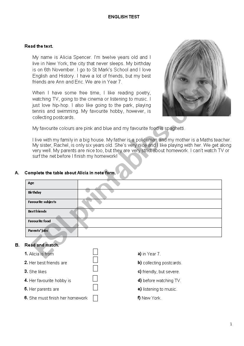 English Test 7th grade worksheet